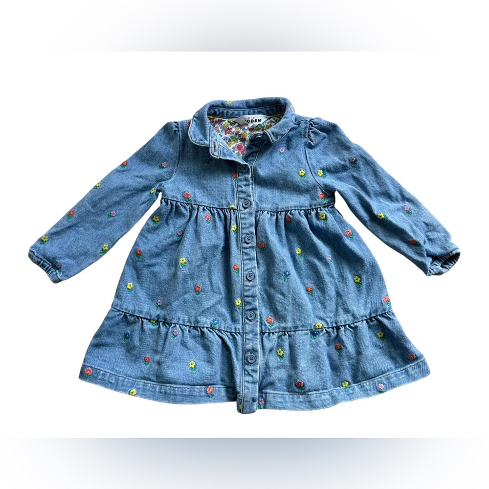 Mini Boden Blue Denim Dress with Floral Embroidery